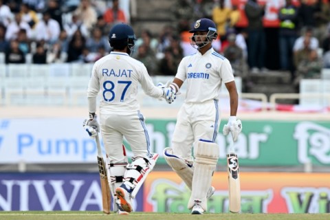 India's Yashasvi Jaiswal celebrates after scoring a half-century on the second day of the fourth cricket Test against England in Ranchi