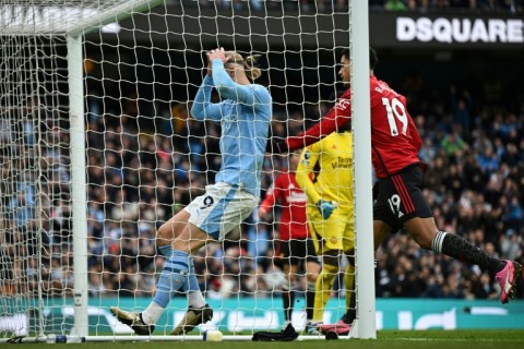 Erling Haaland (centre) produced an incredible miss when Man Utd led 1-0