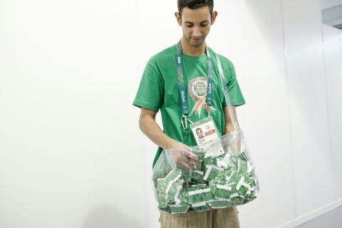 A staff member carrying condoms at the Rio Olympics in 2016 which set a record for free contraceptives 