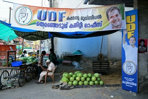 Election banners of Congress leader Rahul Gandhi installed at a shop in Wayanad 