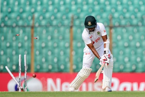 Bangladesh's Khaled Ahmed was clean bowled for just one run by Sri Lanka's Asitha Fernando