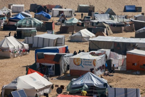 A makeshift tent with the World Central Kitchen logo in Rafah -- the group suspended operations in Gaza after an Israeli strike killed seven of its staff