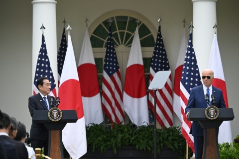 US President Joe Biden and Japanese Prime Minister Fumio Kishida hold a joint press conference in the Rose Garden of the White House in Washington, DC, on April 10, 2024.