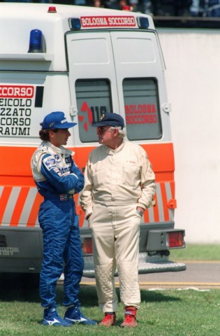 Ayrton Senna talking to Formula One doctor Sid Watkins after Roland Ratzenberger's fatal crash