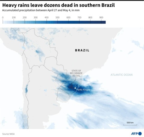 This handout satellite image courtesy of Maxar Technologies taken on May 7, 2024 shows the flooding along the Taquari River in Rio Grande do Sul