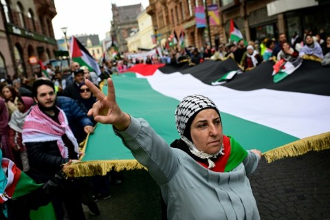 Pro-Palestinian protesters opposing Israel's participation in Eurovision Song Contest rally in Malmo, Sweden