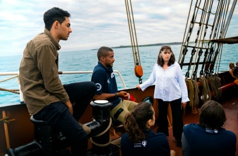 Sarah Darwin, the great-great-granddaughter of Charles Darwin, on board the  Oosterschelde with other members of a scientific expedition 