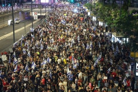 Relatives and supporters of Israelis taken hostage by Palestinian militants in Gaza in the October 7 attacks demonstrate to call for their release in Tel Aviv on May 25, 2024