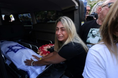 Relatives at the funeral ceremony for Israeli hostage Hanan Yablonka, who was abducted in the October 7 attack, and whose body was retrieved by the Israeli army in an operation in Jabalia 