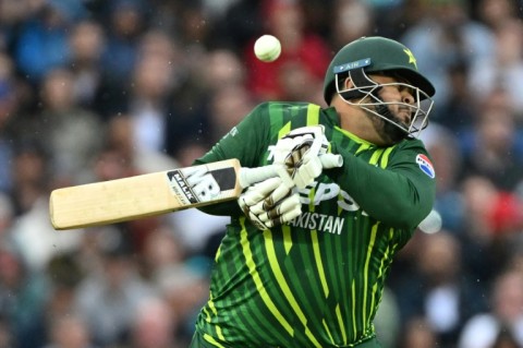 Can't take the pace: Pakistan's Azam Khan is out for a duck after gloving a bouncer from England fast bowler Mark Wood to wicketkeeper Jos Buttler at The Oval 