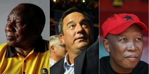 President Ramaphosa (L) needs to negotiate with rivals like the DA's John Steenhuisen (C) and the EEF's Julius Malema