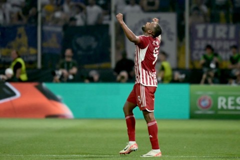 Morocco forward Ayoub el Kaabi reacts after scoring for Olympiacos against Fiorentina in the 2024 Europa Conference League final in Athens.
