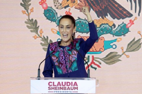 Mexico's winning presidential candidate Claudia Sheinbaum celebrates after her victory to become the country's first female president 