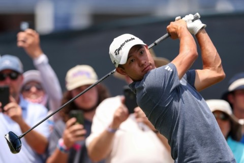 Two-time major winner Collin Morikawa of the United States hits a tee shot during a practice round for the 124th US Open at Pinehurst