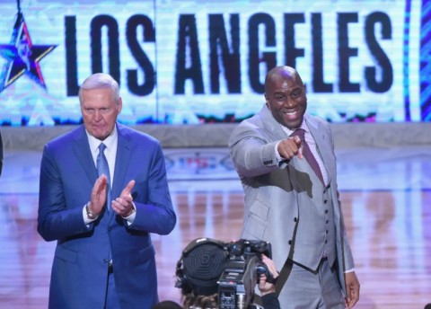 Jerry West (L) and Magic Johnson (R) at the NBA All-Star Game 2018 at Staples Center in Los Angeles