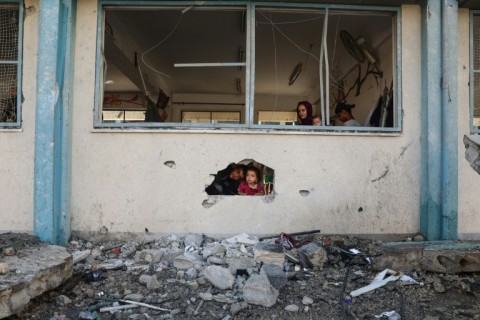 A UN school sheltering displaced people, damaged during Israeli bombardment in Khan Yunis, southern Gaza