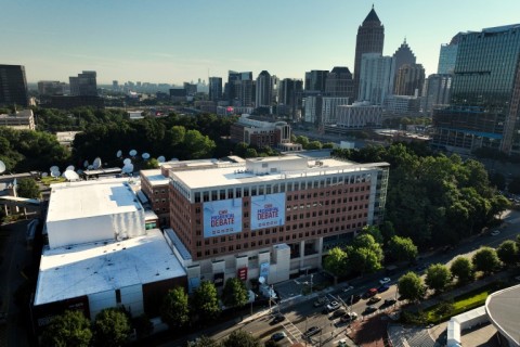 The CNN studio is prepared for the first presidential debate of the 2024 elections between US President Joe Biden and Republican Donald Trump at in Atlanta, Georgia