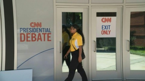 Banners outside CNN studios ahead of first US presidential debate