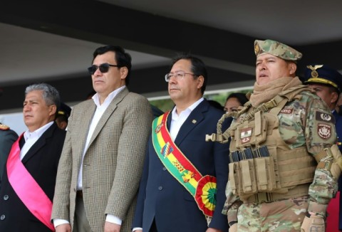 Bolivian President Luis Arce (2nd R) is pictured next to Gen. Juan Jose Zuniga (R) in La Paz on April 18, 2024