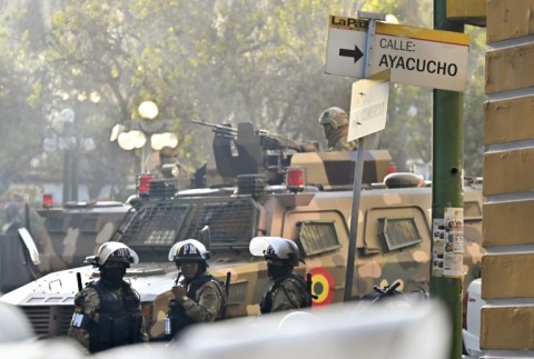 A soldier in an armored vehicle is deployed outside the Quemado Palace at Plaza Murillo in La Paz on June 26, 2024