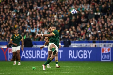 Handre Pollard kicks a penalty goal for South Africa in the 2023 Rugby World Cup final victory over New Zealand in Paris