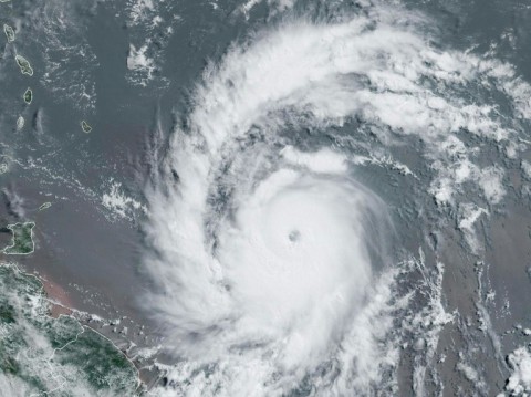 This satellite image obtained from the National Oceanic and Atmospheric Administration shows Hurricane Beryl on July 2, 2024, at 1220 GMT, east of Jamaica