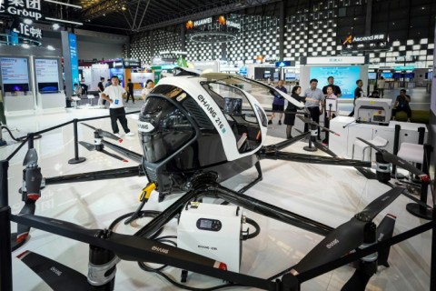 A passenger-carrying electric unmanned aerial vehicle on display in Shanghai