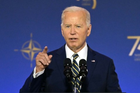 US President Joe Biden corrected himself after accidentally introducing  Ukraine's President Volodymyr Zelensky (R) as Russia's President Vladimir Putin during the Ukraine Compact initiative on the sidelines of the NATO summit in Washington