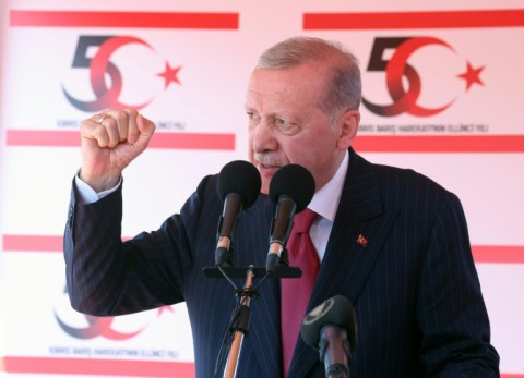 Turkish President Recep Tayyip Erdogan speaks during a ceremony in breakaway Turkish Cypriot statelet in the island's north