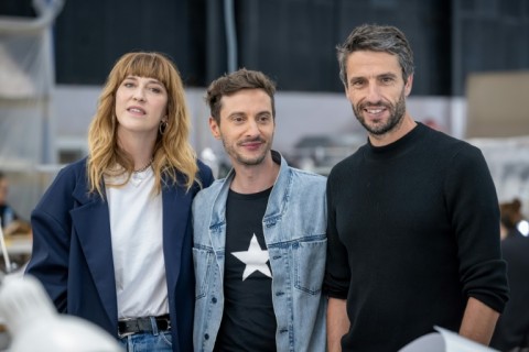 Opening ceremony diretcor Thomas Jolly (C), stands with chief organiser Tony Estanguet (R) and costume director Daphne Burki (L) 