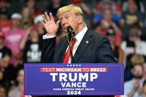 Former US President and 2024 presidential nominee Donald Trump speaks during a campaign rally with US Senator and vice presidential nominee J.D. Vance at Van Andel Arena in Grand Rapids, Michigan, on July 20, 2024