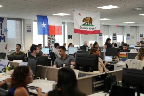 Staff works at US Vice President Kamala Harris's campaign headquarters in Wilmington, Delaware on July 22, 2024