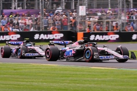 Esteban Ocon (R) and fellow Alpine driver Pierre Gasly (L) share the track in practice ahead of the Australian Grand Prix in March