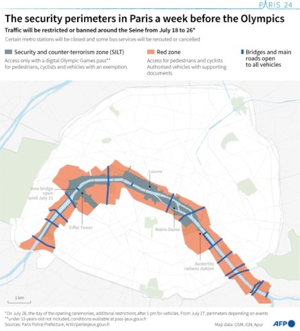 Map of Paris showing the two security perimeters where traffic will be restricted from Thursday 