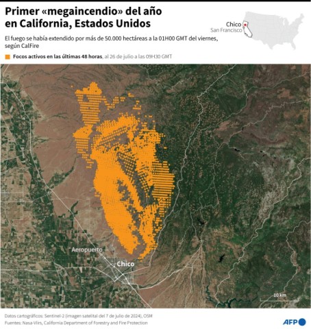 This map shows the location of active fires burning near Chico, California on July 26, 2024