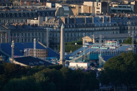 The venues of the Olympic Urban Park arranged round the  Luxor Obelisk at La Concorde seen from the Eiffel Tower