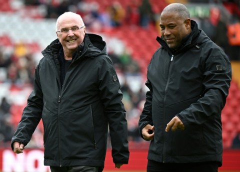 Sven-Goran Eriksson (L) and former England forward John Barnes took the pitch ahead of the Legends match between Liverpool and Ajax at Anfield in March