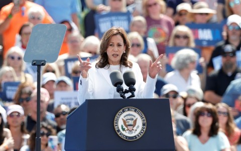 US Vice President Kamala Harris speaks during a campaign rally in Eau Claire, Wisconsin