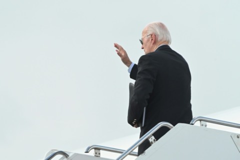 US President Joe Biden steps off of Air Force One upon arrival at Chicago O'Hare International Airport to give his keynote address at the Democratic National Convention