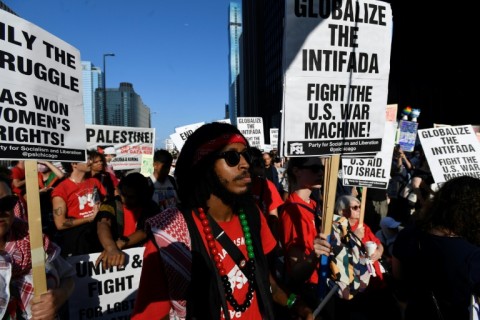 Pro-Palestinian activists breach the security perimeter during a demonstration outside the venue of the Democratic National Convention 