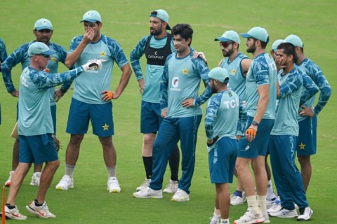 Pakistan's cricketers attend a training session at Rawalpindi Cricket Stadium ahead of the first Test against Bangladesh.