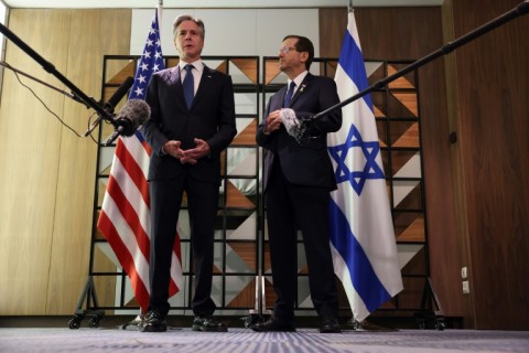 US Secretary of State Antony Blinken (L), on his ninth Middle East visit during the Gaza war, meets with Israel's President Isaac Herzog