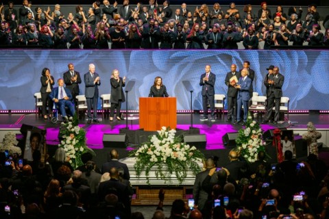 US Vice President Kamala Harris gives the eulogy during Congresswoman Sheila Jackson Lee's during funeral service at the Fallbrook Church on August 1, 2024, in Houston, Texas