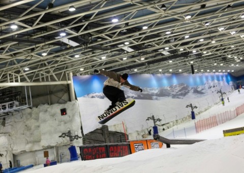 A snowboarder enjoys a run at Xanadu Snozone, the only indoor ski slope in Spain, located in Arroyomolinos near Madrid