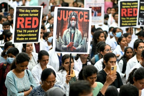 Medics hold posters during a protest in Bengaluru against the rape and murder of the young woman doctor 