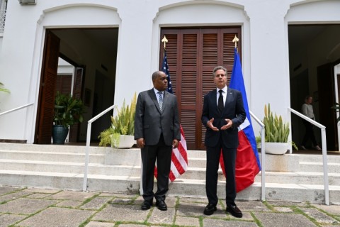 Haitian Prime Minister Garry Conille (L) met with US Secretary of State Antony Blinken at the US Chief of Mission Residence in Port-au-Prince