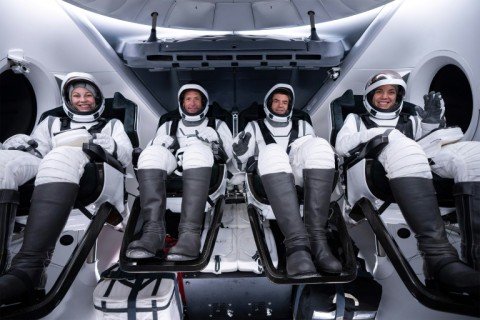 Polaris Dawn astronauts (L-R) Anna Menon, Scott Poteet, Jared Isaacman and Sarah Gillis, are seen inside the Dawn Crew Dragon Resilience in August 2024, during a rehearsal of launch day, in a photo courtesy of SpaceX 