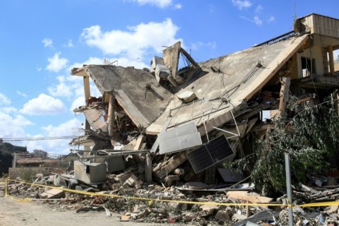 A building heavily damaged by an Israeli strike in Kfar Rumman near the southern Lebanese town of Nabatiyeh 