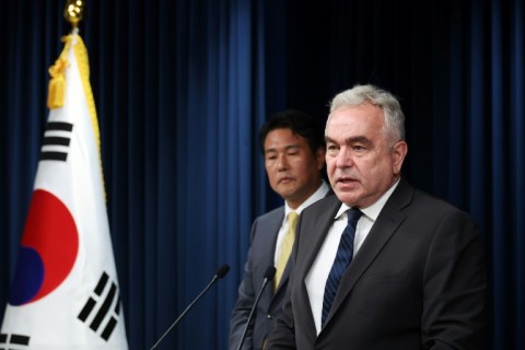 Kurt Campbell, now the US deputy secretary of state, speaks next to senior South Korean official Kim Tae-hyo in Seoul in July 2023