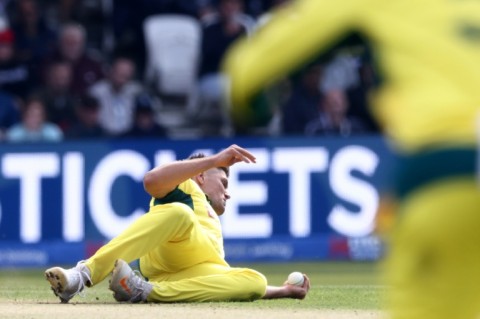 Key wicket: Australia's Aaron Hardie catches England's Ben Duckett off his own bowling during the 2nd ODI at Headingley